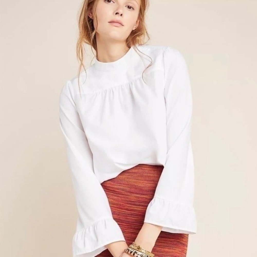 Maeve Anthropologie Top 6 White Ruffle Cuff High Neck Cotton Romantic Victorian